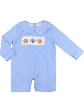 Cecil & Lou Boys 3T Blue Corduroy Smoked Turkey Pumpkin Thanksgiving Romper